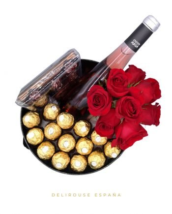 Caja Cilindrica Grande con Bouquet de Rosas Eternas y Complementos 1