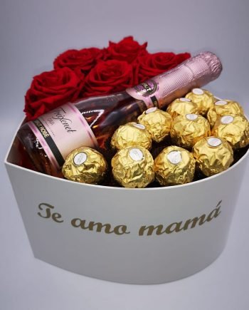 Caja Corazón con Mensaje para Mamá + Mini Cava + Bombones Ferrero Rocher