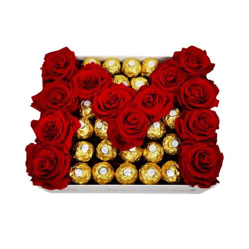 Caja con Rosas Eternas en Forma de M Bombones Ferrero Rocher 126328 nobg